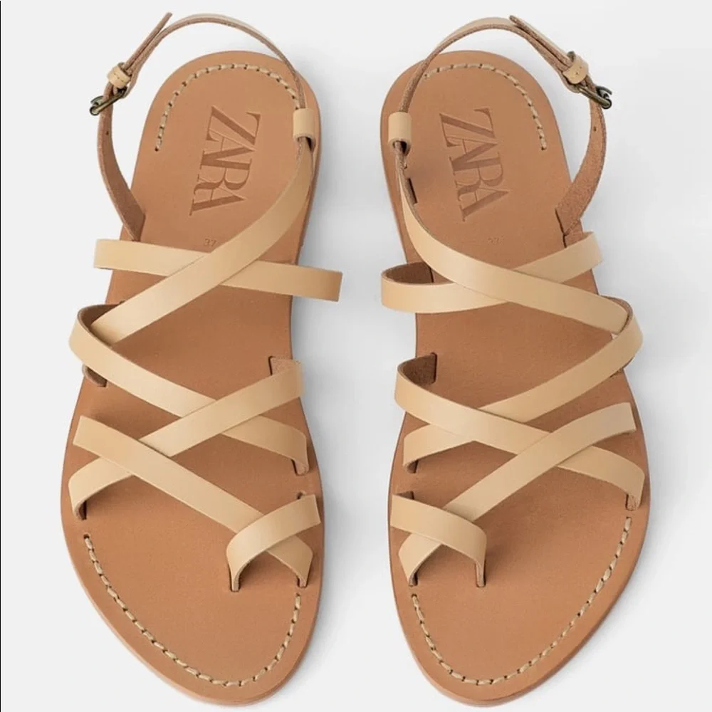 🤍 Zara Vachetta LEATHER FLAT SANDALS WITH STRAPS 6624/001 - Picture 6 of 9